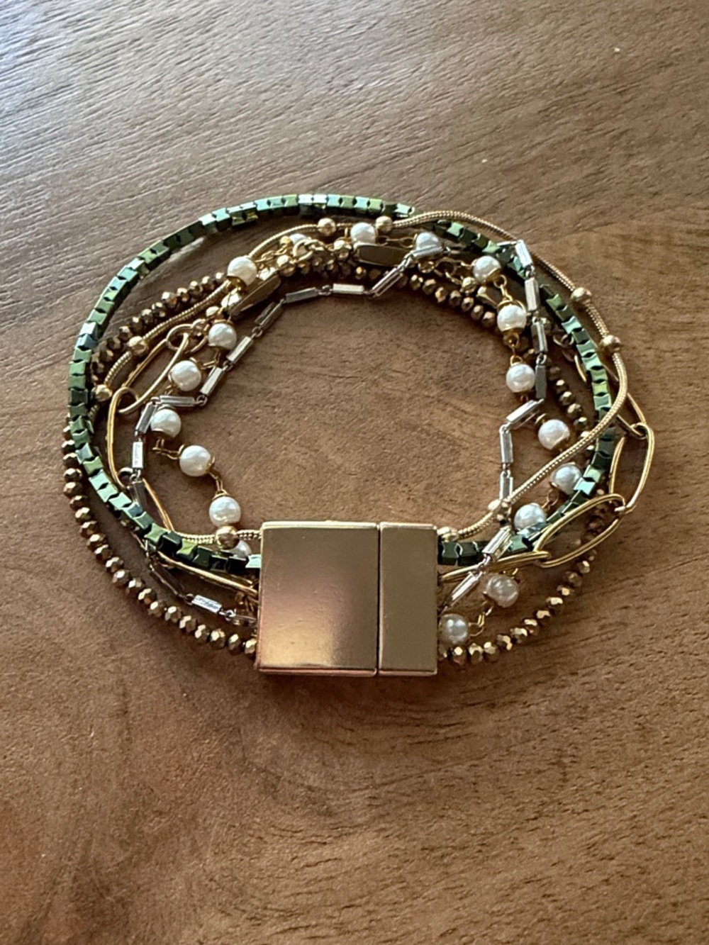 Multi-Strand Gold & Green Beaded Bracelet